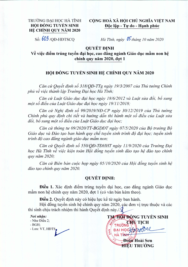 201005.DI.DT.QD 603 v.v diem trung tuyen dai hoc cao dang nganh GDMN he chinh quy nam 2020 dot 1 1