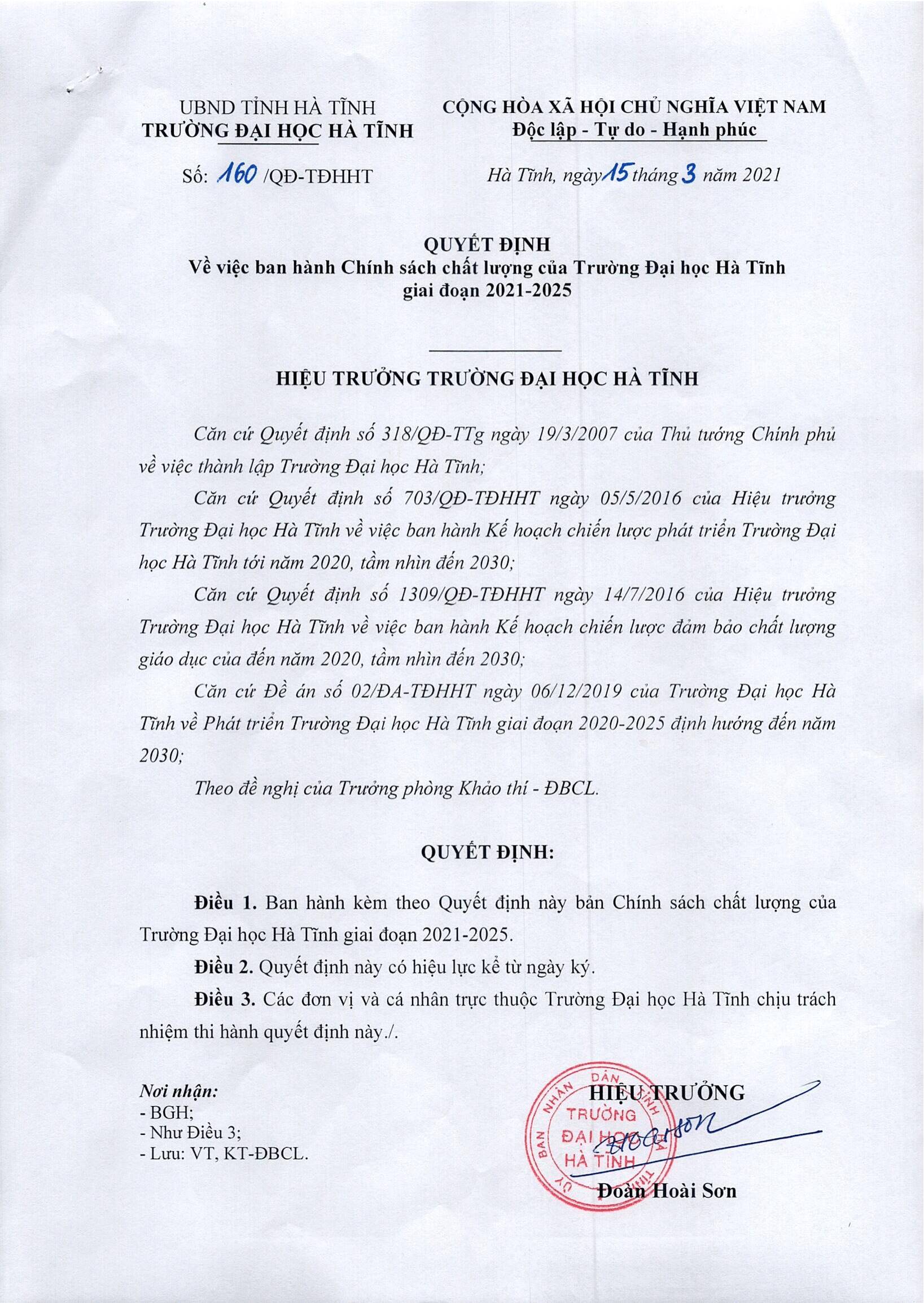 QD 160 v.v ban hanh Chinh sach chat luong cua Truong Dai hoc Ha Tinh gd 2021 2025 1