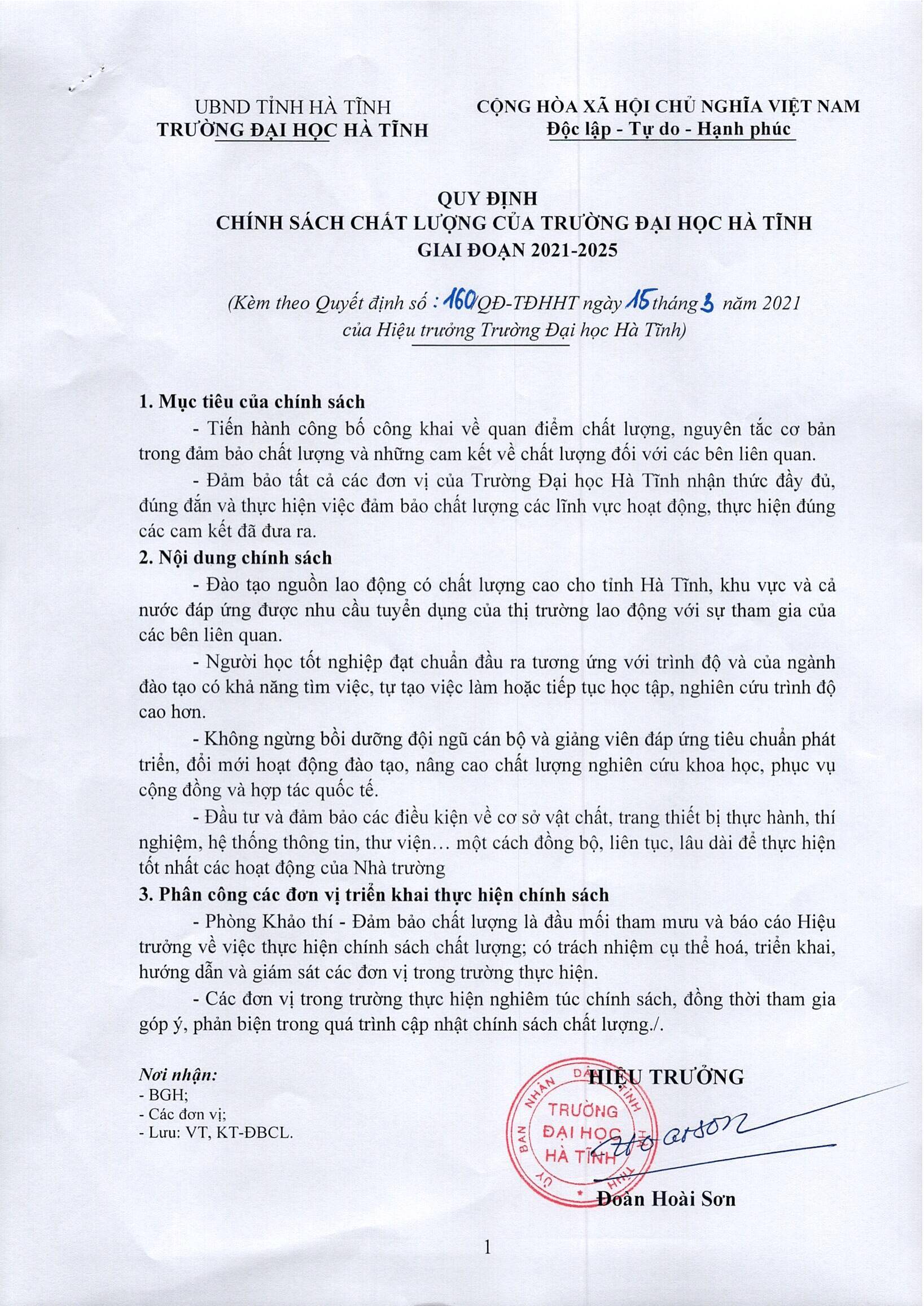 QD 160 v.v ban hanh Chinh sach chat luong cua Truong Dai hoc Ha Tinh gd 2021 2025 2