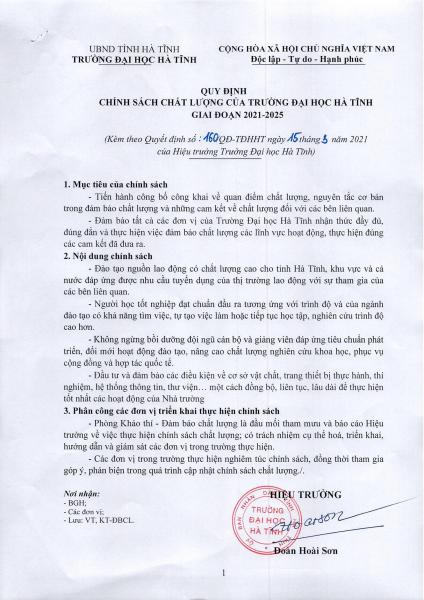 QD 160 v.v ban hanh Chinh sach chat luong cua Truong Dai hoc Ha Tinh gd 2021 2025 2